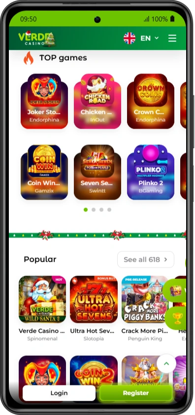 High RTP slots selection at Verde Casino showing games lobby with RTP percentages displayed